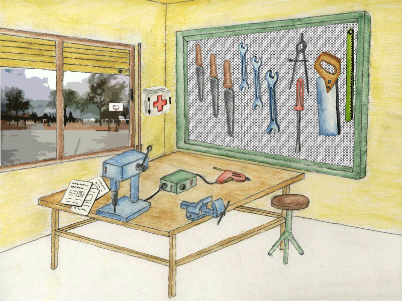 Dibujo del rincón de un taller de tecnología con un panel de herramientas